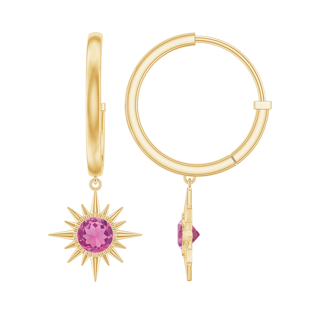 4 MM Round Shape Pink Tourmaline and Gold Sunburst Hoop Drop Earrings For Women Pink Tourmaline - ( AAA ) - Quality - Rosec Jewels