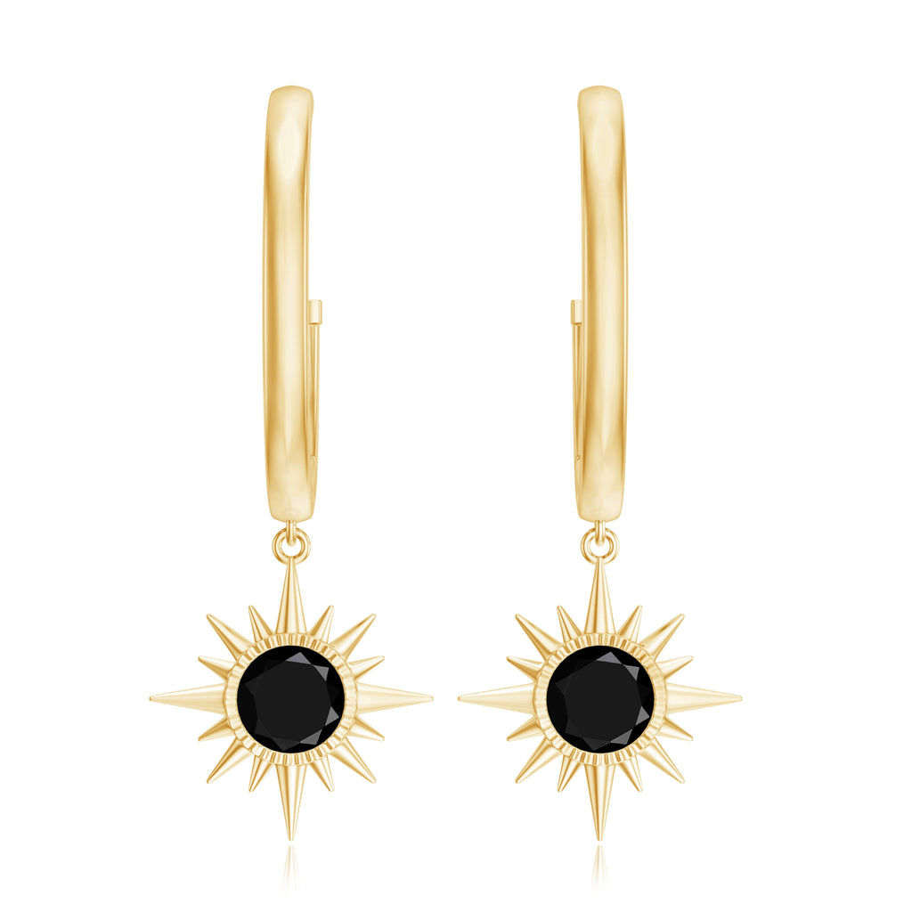 4 MM Round Shape Black Spinel and Gold Sunburst Hoop Drop Earrings For Women Black Spinel - ( AAA ) - Quality - Rosec Jewels