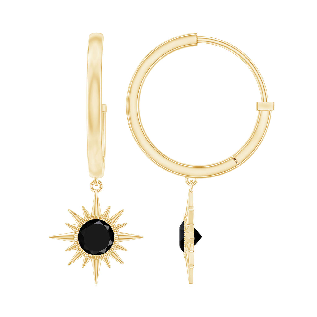4 MM Round Shape Black Onyx and Gold Sunburst Hoop Drop Earrings For Women Black Onyx - ( AAA ) - Quality - Rosec Jewels