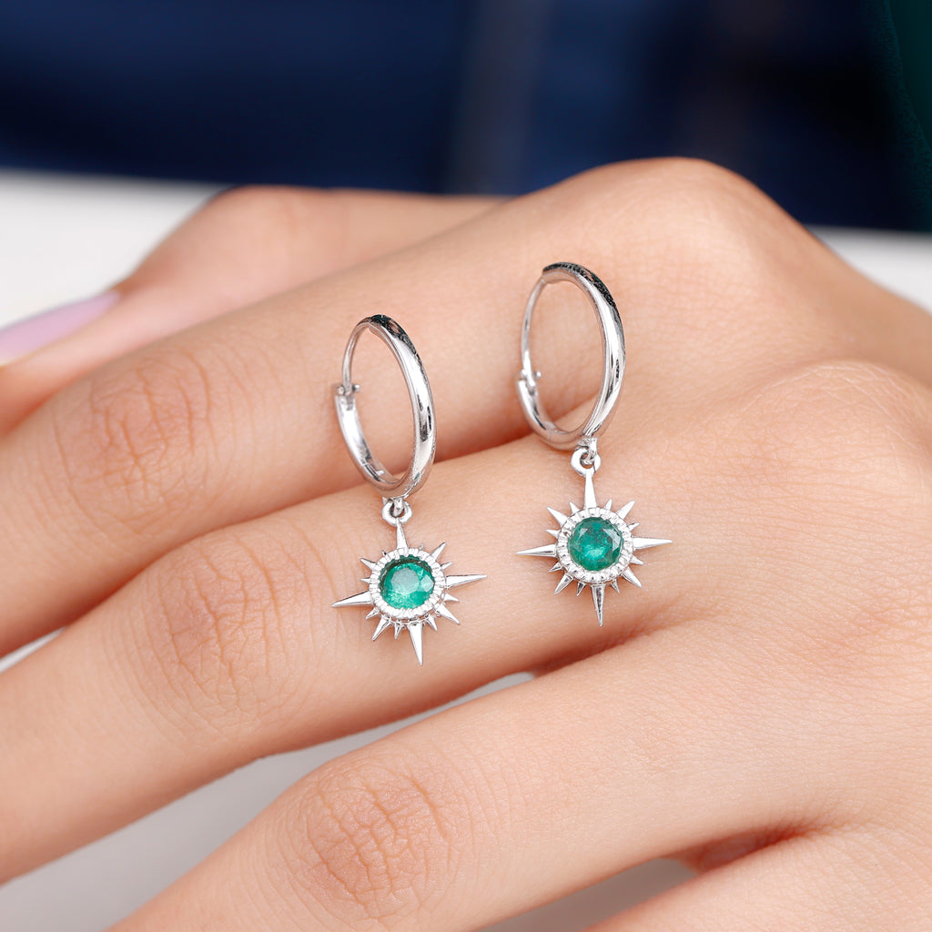 Milgrain Bezel Set Emerald Sunburst Hoop Drop Earrings Emerald - ( AAA ) - Quality - Rosec Jewels