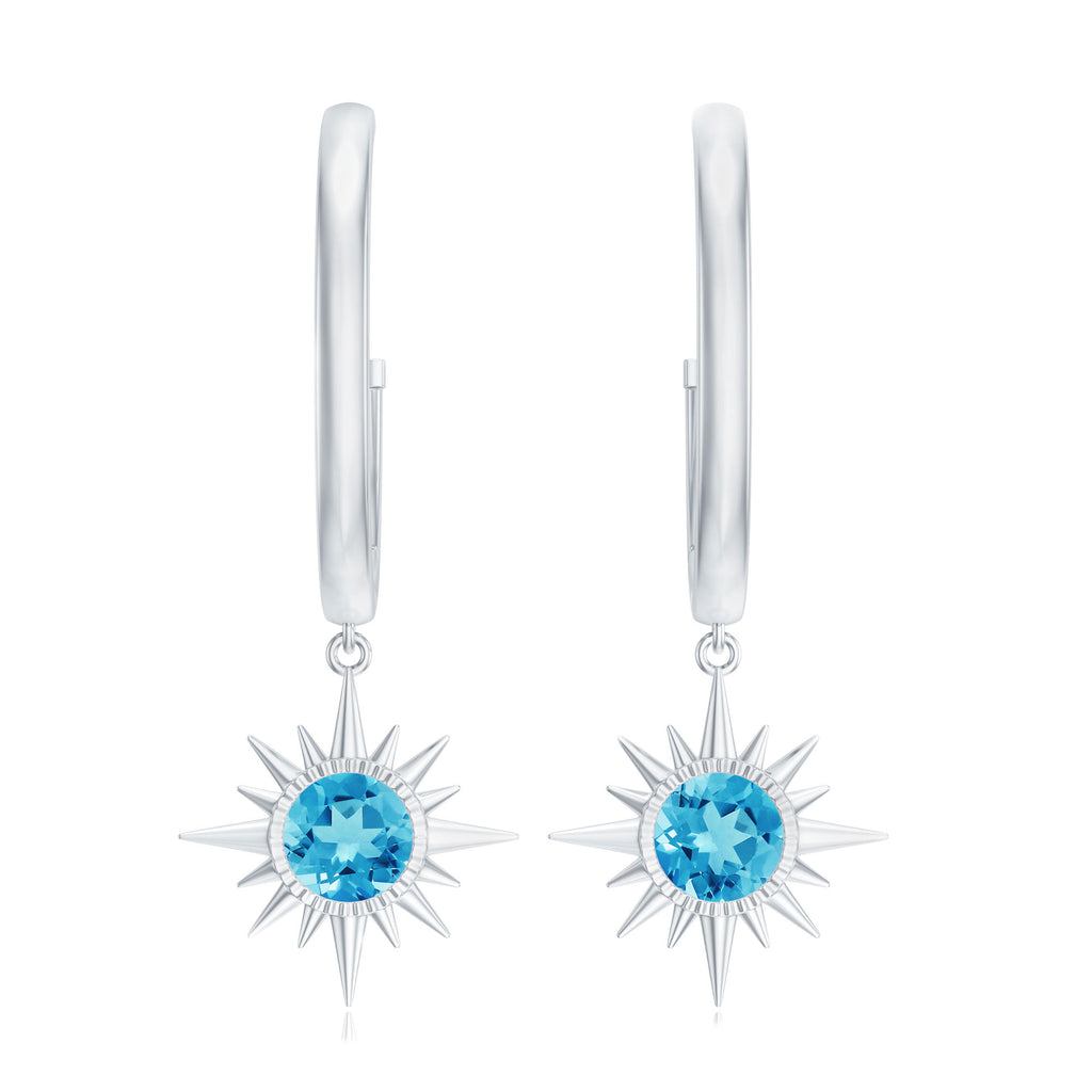 1/2 CT Milgrain Bezel Set Swiss Blue Topaz Sunburst Drop Hoop Earrings Swiss Blue Topaz - ( AAA ) - Quality - Rosec Jewels