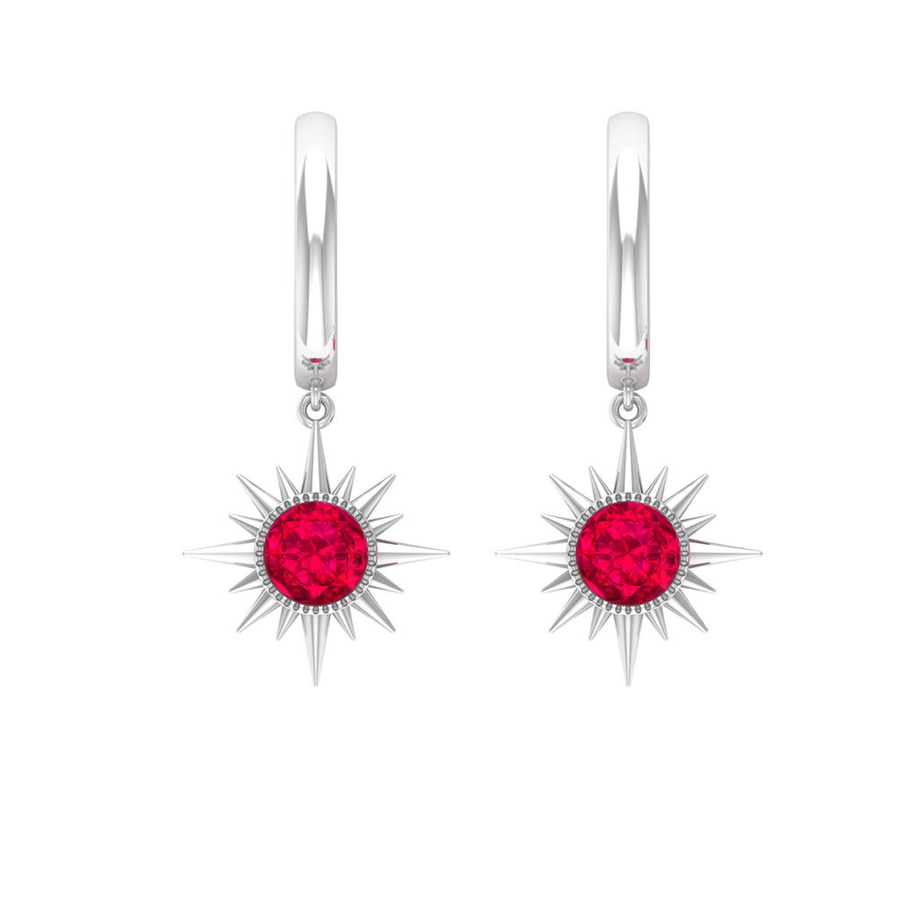 Bezel Set Created Ruby Sunburst Hoop Drop Earrings Lab Created Ruby - ( AAAA ) - Quality - Rosec Jewels