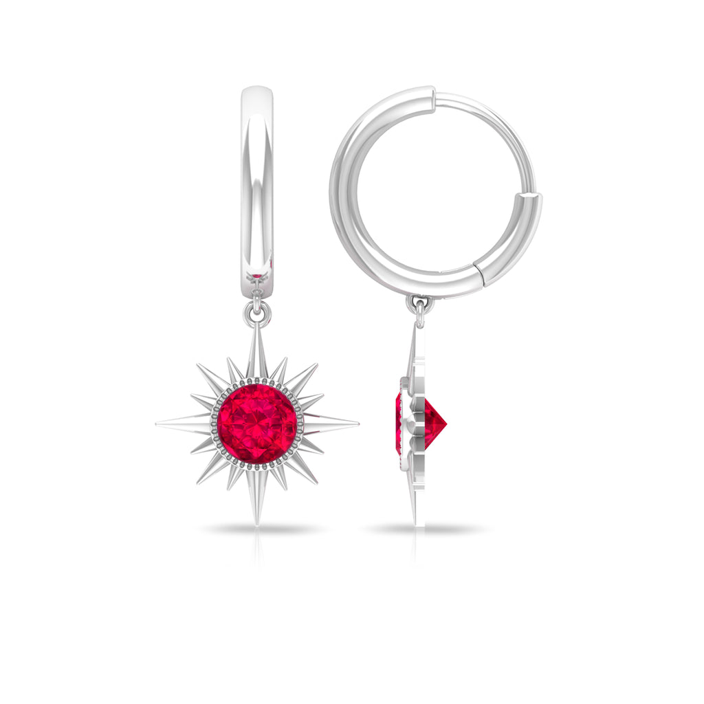 Bezel Set Created Ruby Sunburst Hoop Drop Earrings Lab Created Ruby - ( AAAA ) - Quality - Rosec Jewels