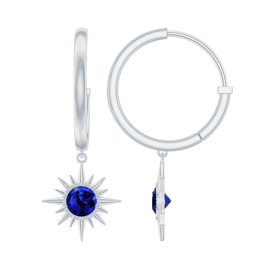 Lab Created Blue Sapphire Gold Sunburst Hoop Drop Earrings Lab Created Blue Sapphire - ( AAAA ) - Quality - Rosec Jewels