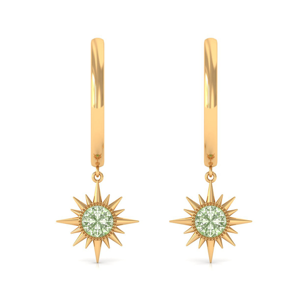3/4 CT Milgrain Bezel Set Green Sapphire Sunburst Drop Hoop Earrings Green Sapphire - ( AAA ) - Quality - Rosec Jewels