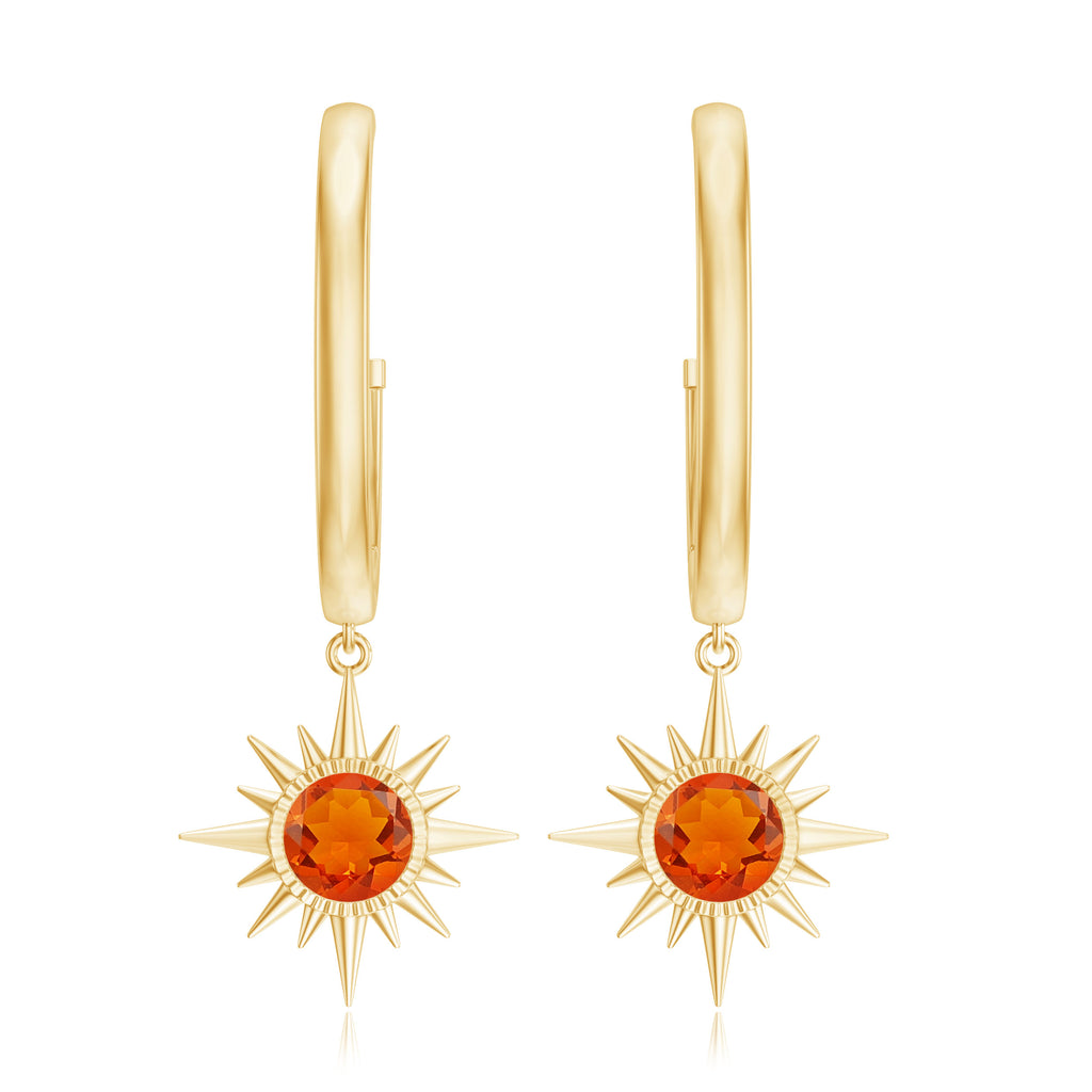 4 MM Round Shape Fire Opal and Gold Sunburst Hoop Drop Earrings For Women Fire Opal - ( AAA ) - Quality - Rosec Jewels