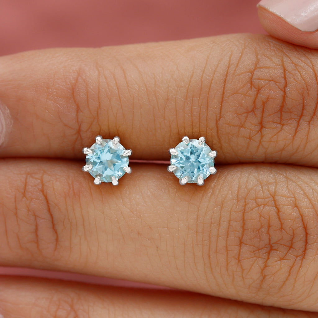 Natural Swiss Blue Topaz Solitaire Stud Earrings in 8 Claw Prong Setting