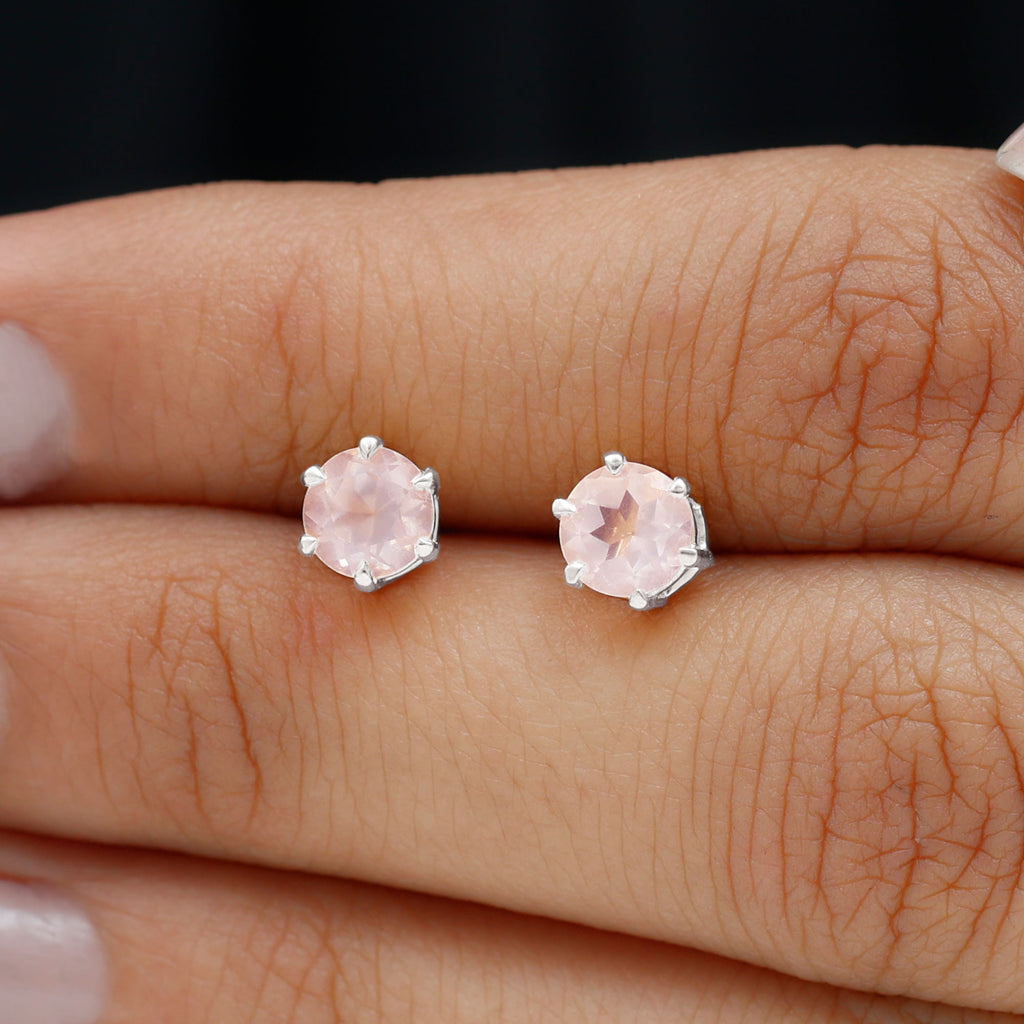Natural Rose Quartz Solitaire Stud Earrings in 6 Claw Prong Setting