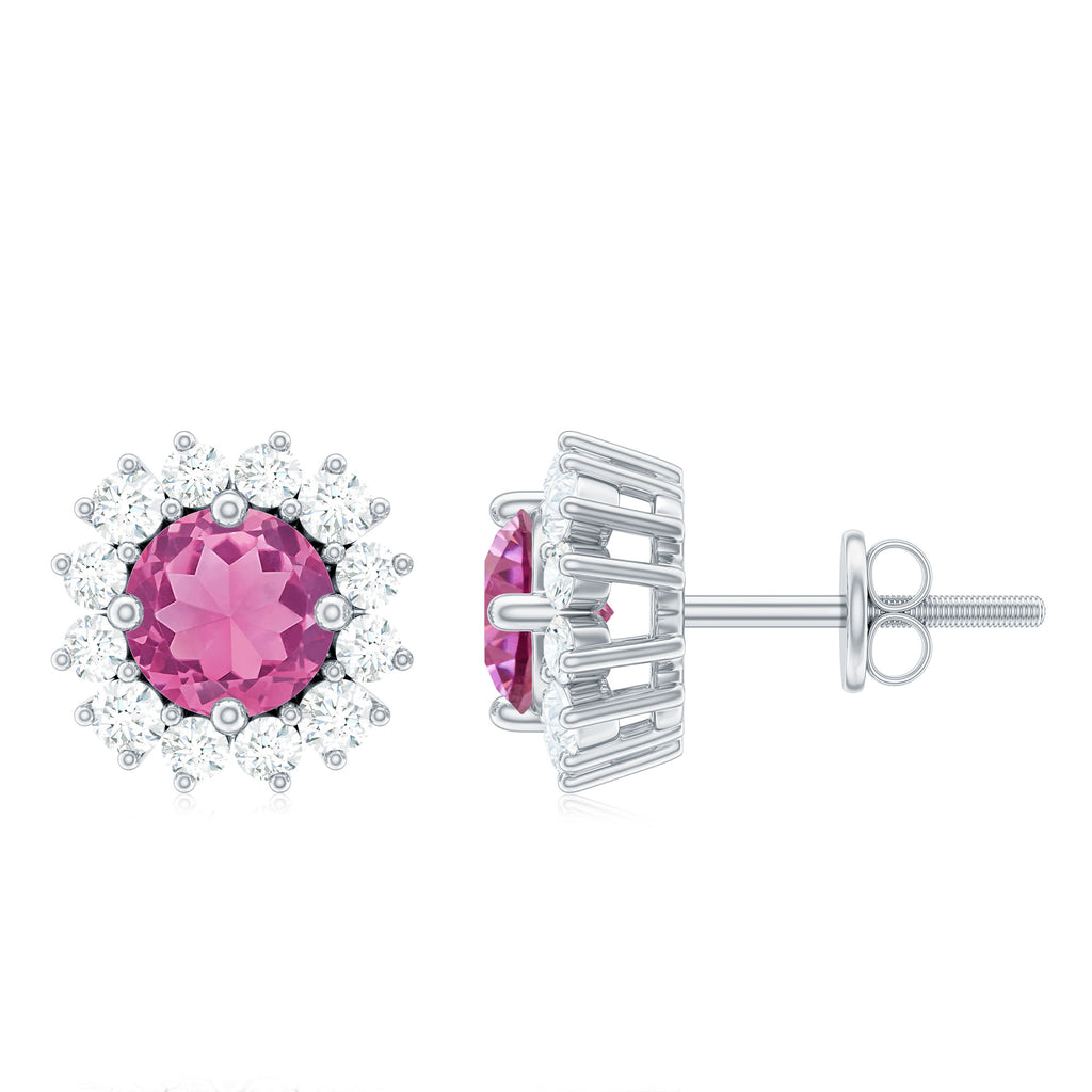3/4 CT Pink Tourmaline and Diamond Halo Stud Earrings Pink Tourmaline - ( AAA ) - Quality - Rosec Jewels