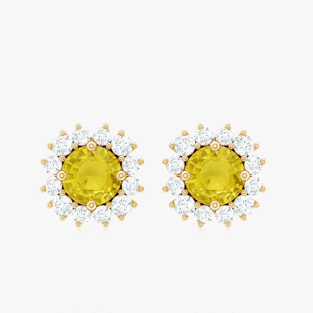 2 CT Yellow Sapphire and Diamond Classic Halo Stud Earrings Yellow Sapphire - ( AAA ) - Quality - Rosec Jewels