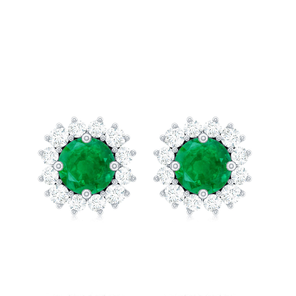 1 CT Emerald and Diamond Halo Stud Earrings Emerald - ( AAA ) - Quality - Rosec Jewels