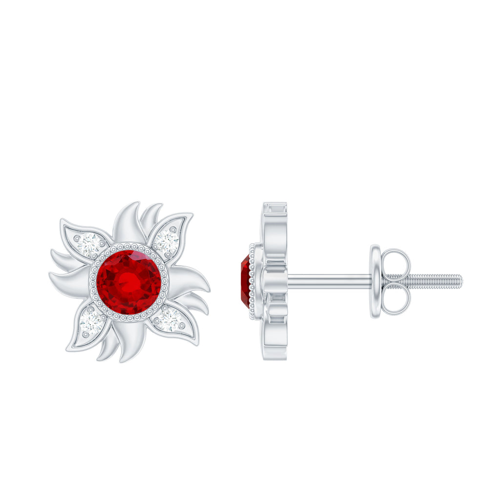 Bezel Set Lab Grown Ruby and Diamond Sunburst Stud Earrings Lab Created Ruby - ( AAAA ) - Quality - Rosec Jewels