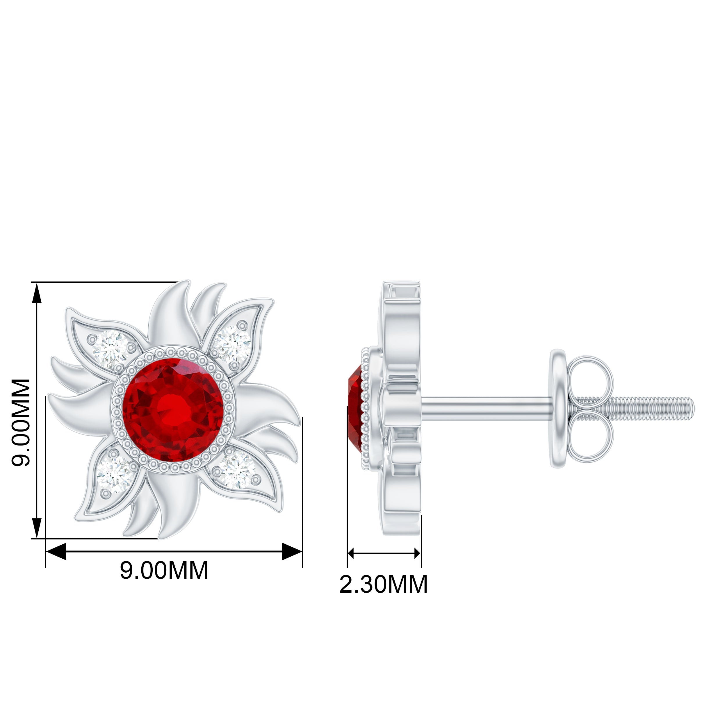 Bezel Set Lab Grown Ruby and Diamond Sunburst Stud Earrings Lab Created Ruby - ( AAAA ) - Quality - Rosec Jewels