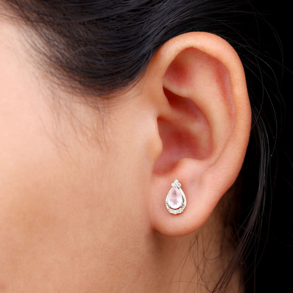 1.25 CT Pear Cut Rose Quartz Teardrop Stud Earrings with Diamond Accent Rose Quartz - ( AAA ) - Quality - Rosec Jewels
