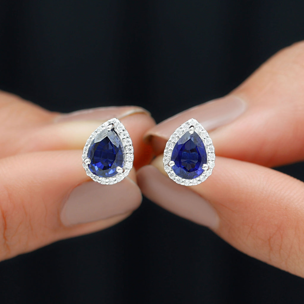Created Blue Sapphire and Moissanite Halo Stud Earrings Lab Created Blue Sapphire - ( AAAA ) - Quality - Rosec Jewels