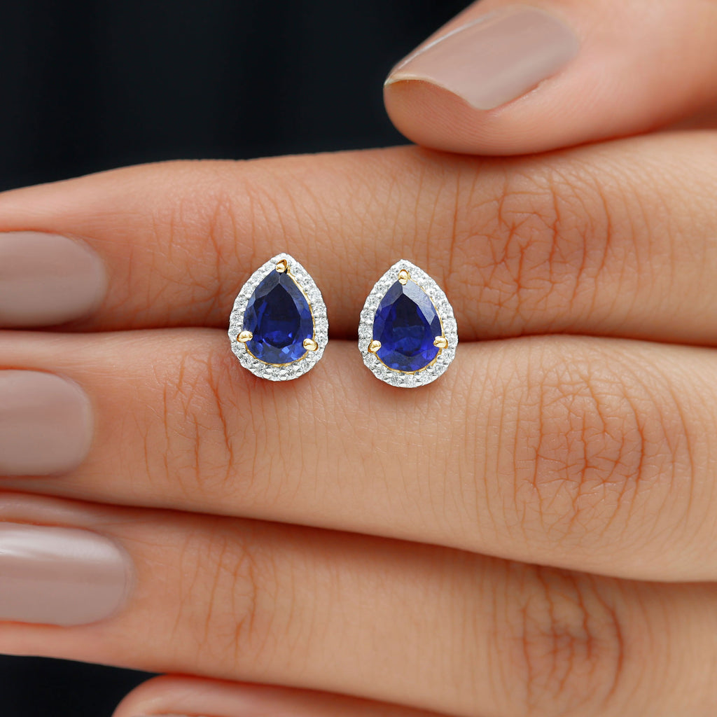 Created Blue Sapphire and Moissanite Halo Stud Earrings Lab Created Blue Sapphire - ( AAAA ) - Quality - Rosec Jewels