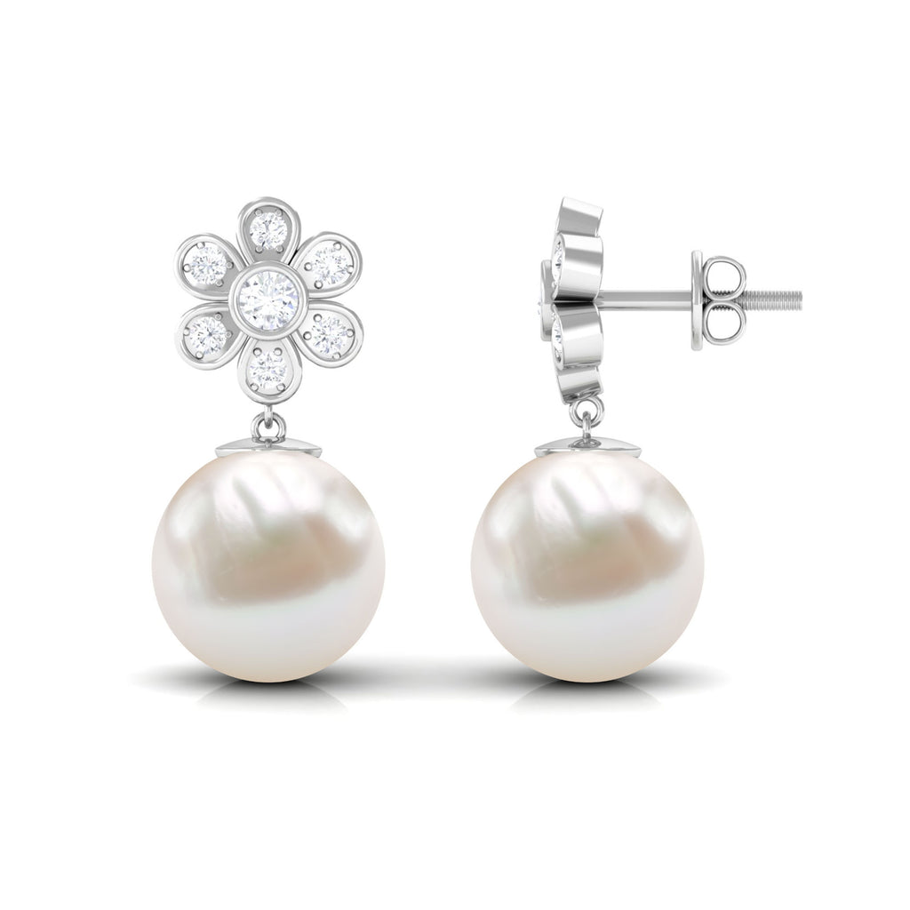 Freshwater Pearl Drop Earrings with Bezel Set Diamond Flower Freshwater Pearl - ( AAA ) - Quality - Rosec Jewels