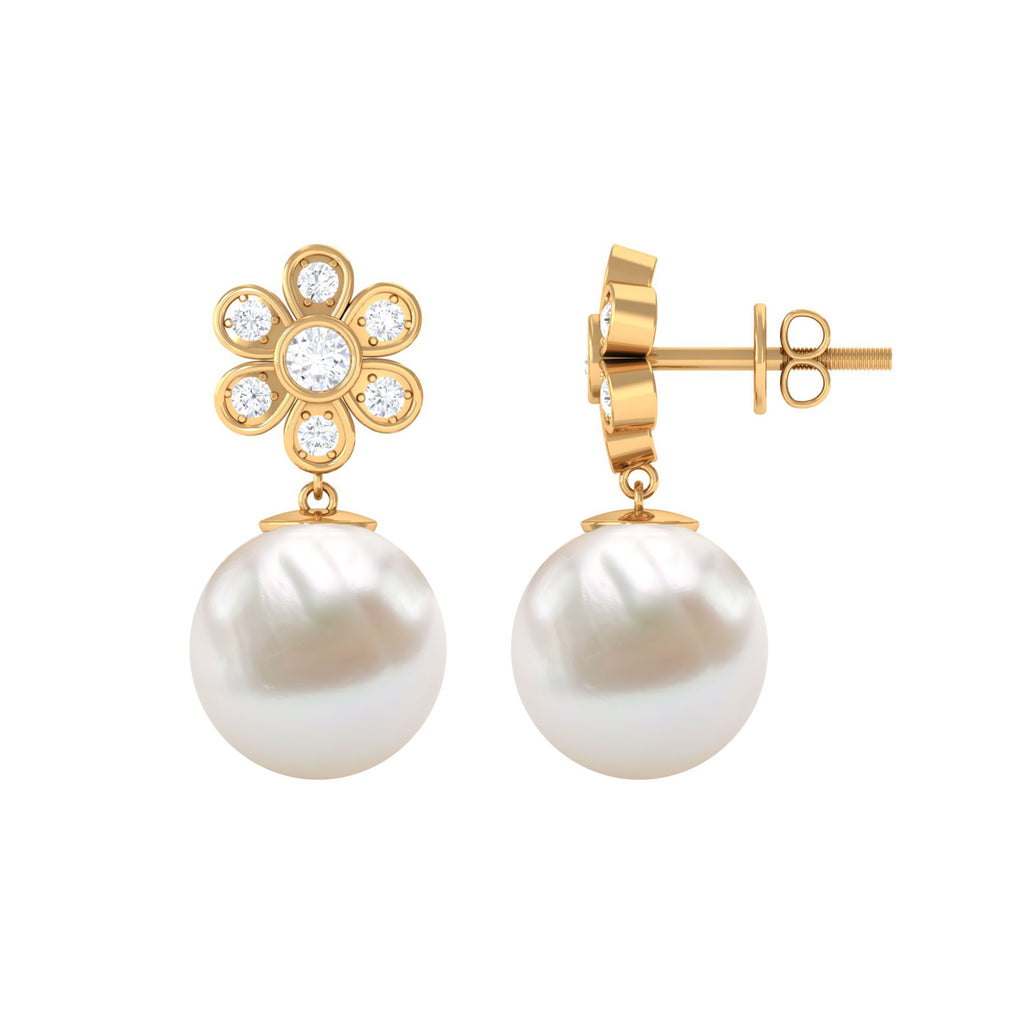 Freshwater Pearl Drop Earrings with Bezel Set Diamond Flower Freshwater Pearl - ( AAA ) - Quality - Rosec Jewels