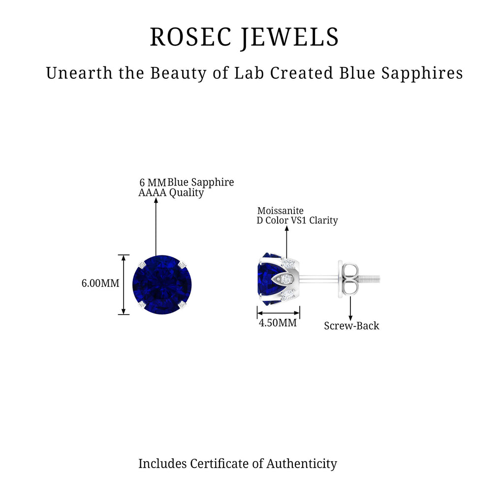 Round Cut Created Blue Sapphire Solitaire Stud Earrings with Moissanite Accent Lab Created Blue Sapphire - ( AAAA ) - Quality - Rosec Jewels