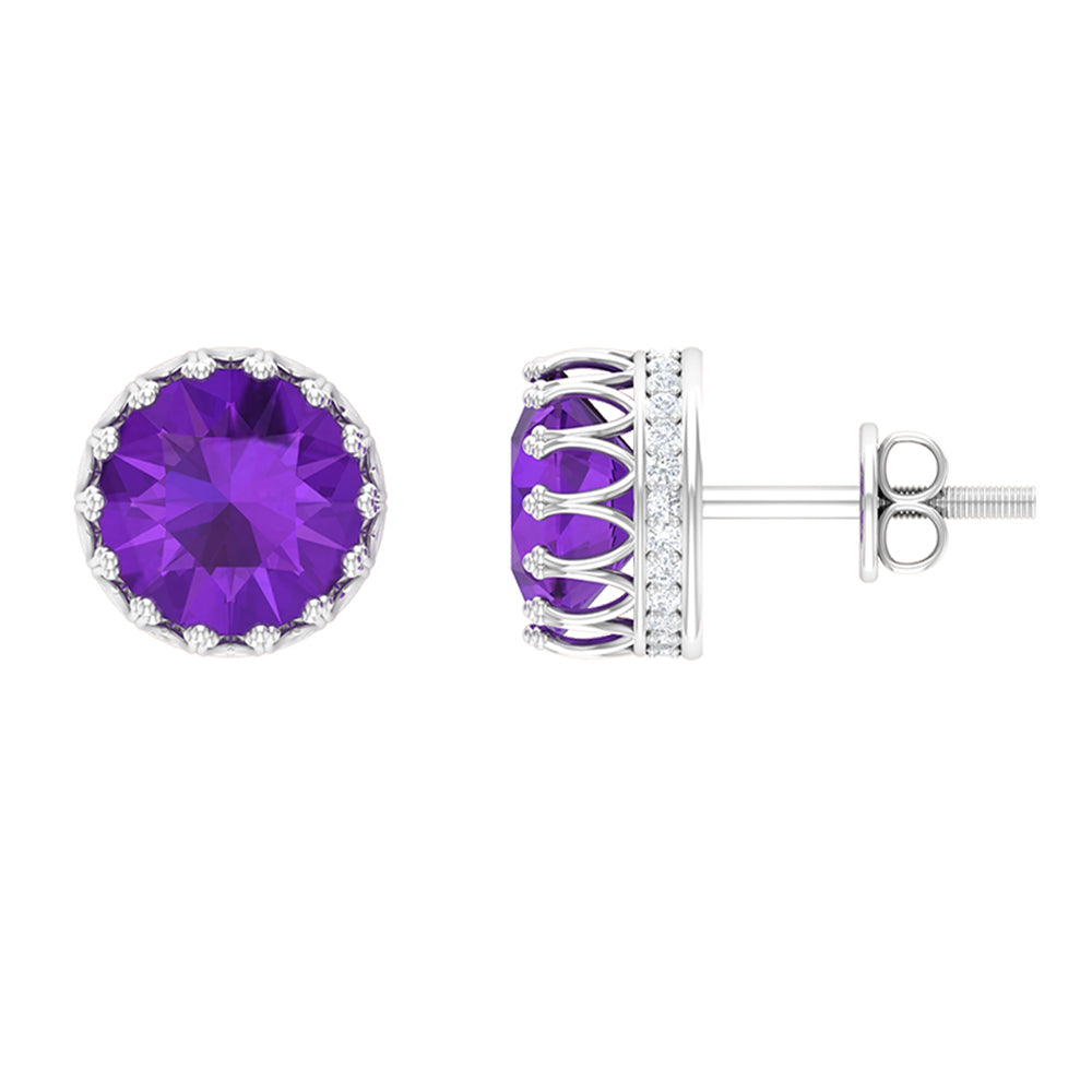2.50 CT Solitaire Amethyst and Diamond Crown Stud Earrings Amethyst - ( AAA ) - Quality - Rosec Jewels