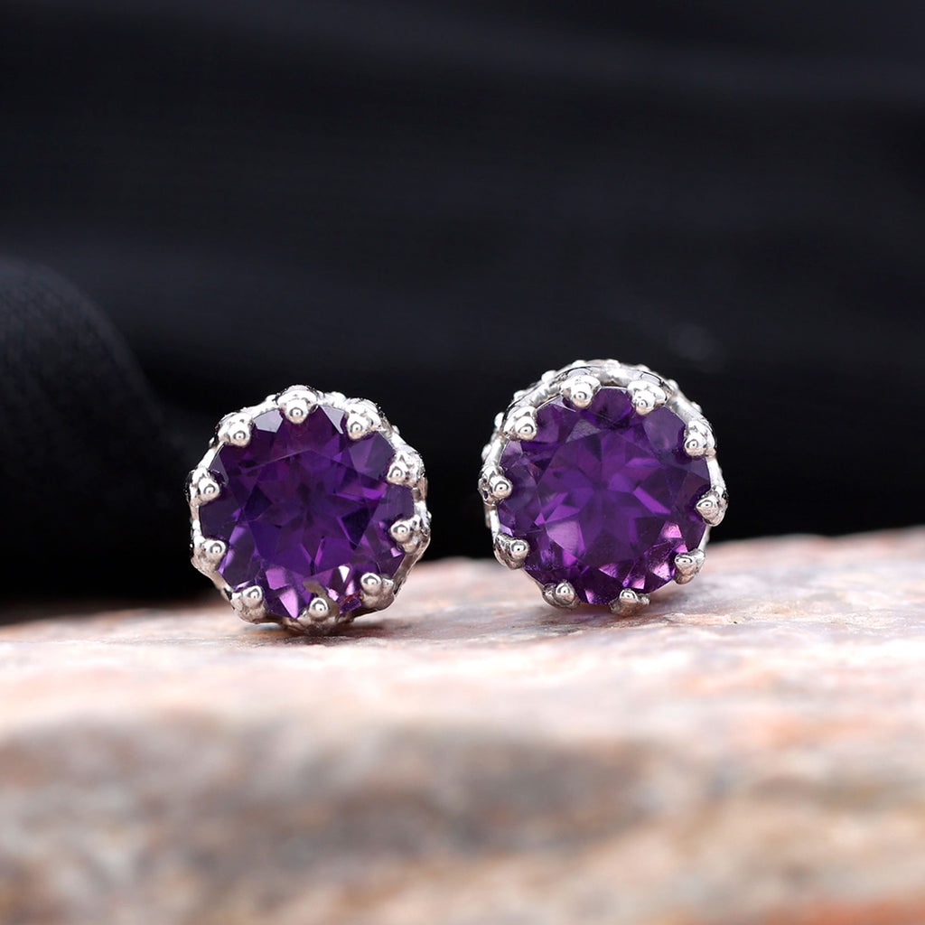 2.50 CT Solitaire Amethyst and Diamond Crown Stud Earrings Amethyst - ( AAA ) - Quality - Rosec Jewels