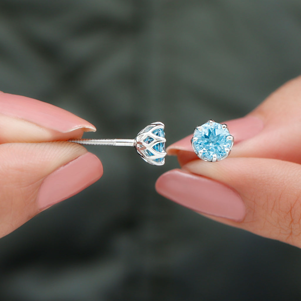 6 MM Decorative Swiss Blue Topaz Solitaire Stud Earrings Swiss Blue Topaz - ( AAA ) - Quality - Rosec Jewels