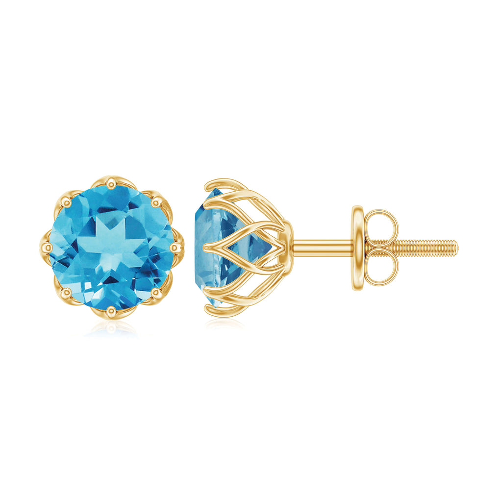6 MM Decorative Swiss Blue Topaz Solitaire Stud Earrings Swiss Blue Topaz - ( AAA ) - Quality - Rosec Jewels