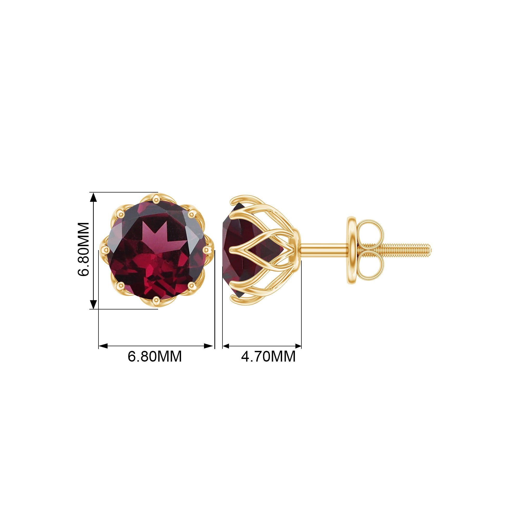 6 MM Decorative Rhodolite Solitaire Stud Earrings Rhodolite - ( AAA ) - Quality - Rosec Jewels