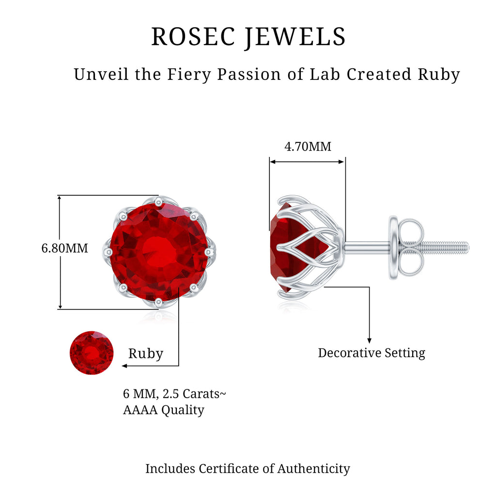 6 MM Decorative Created Ruby Solitaire Stud Earrings Lab Created Ruby - ( AAAA ) - Quality - Rosec Jewels