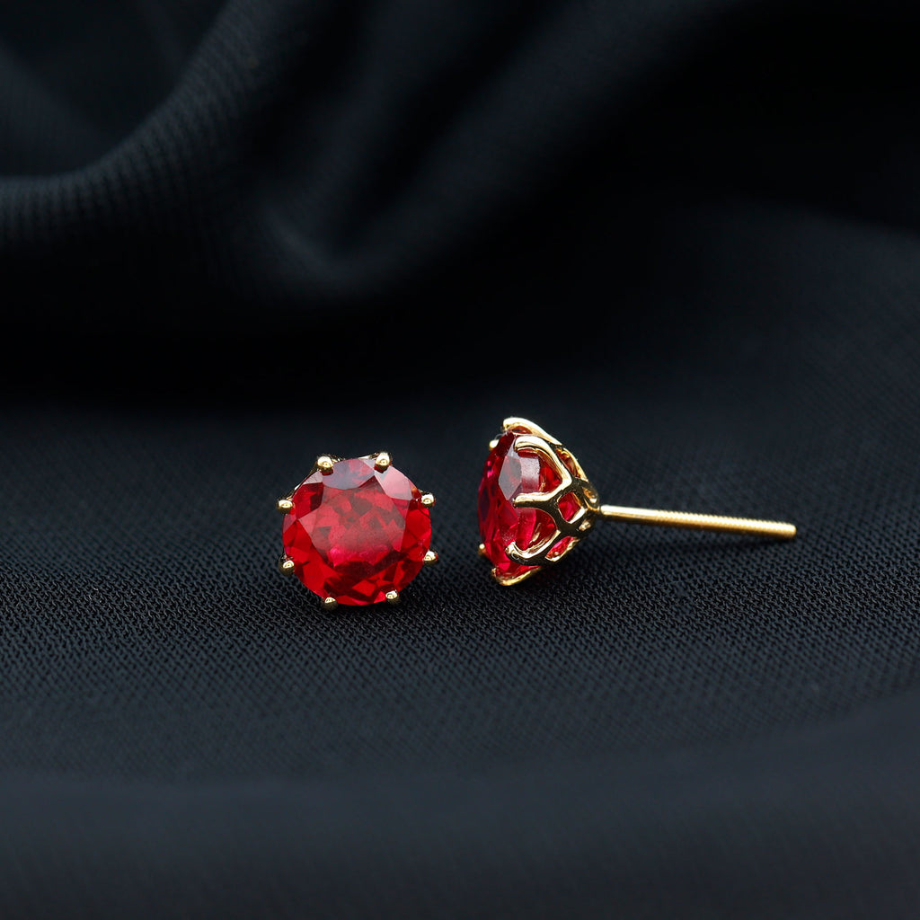 6 MM Decorative Created Ruby Solitaire Stud Earrings Lab Created Ruby - ( AAAA ) - Quality - Rosec Jewels
