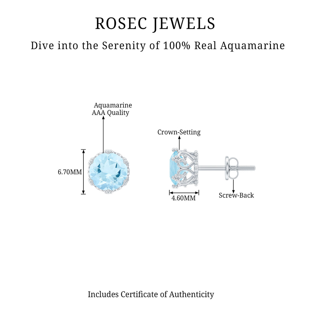 6 MM Aquamarine Solitaire Crown Stud Earrings Aquamarine - ( AAA ) - Quality - Rosec Jewels