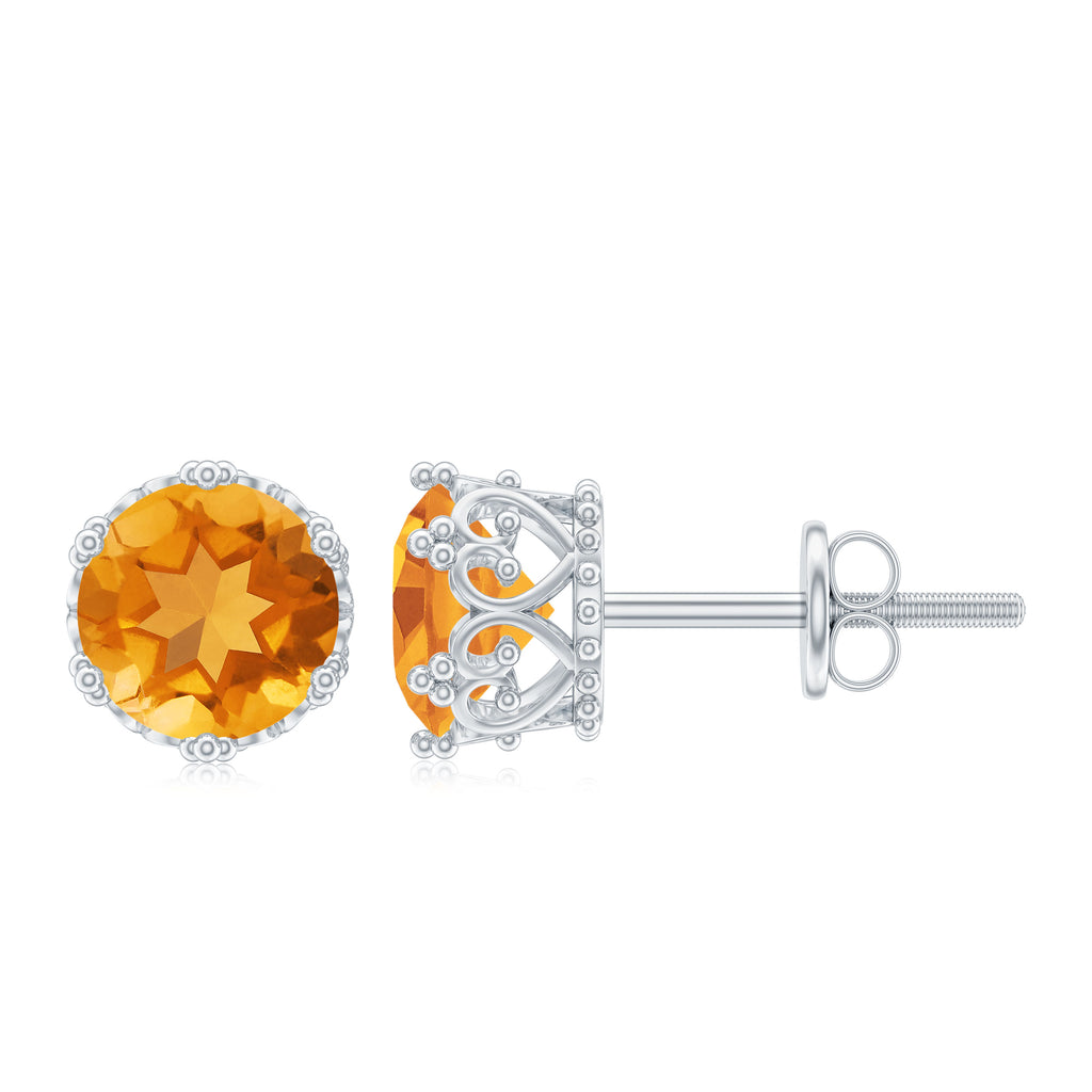 Round Citrine Solitaire Crown Stud Earrings Citrine - ( AAA ) - Quality - Rosec Jewels