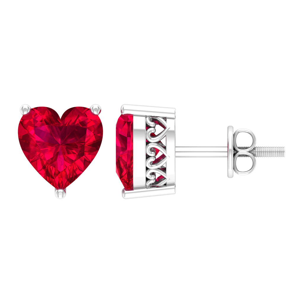 7 MM Heart Shape Created Ruby Solitaire Stud Earrings in 3-Prong Setting (AAAA Quality) Lab Created Ruby - ( AAAA ) - Quality - Rosec Jewels