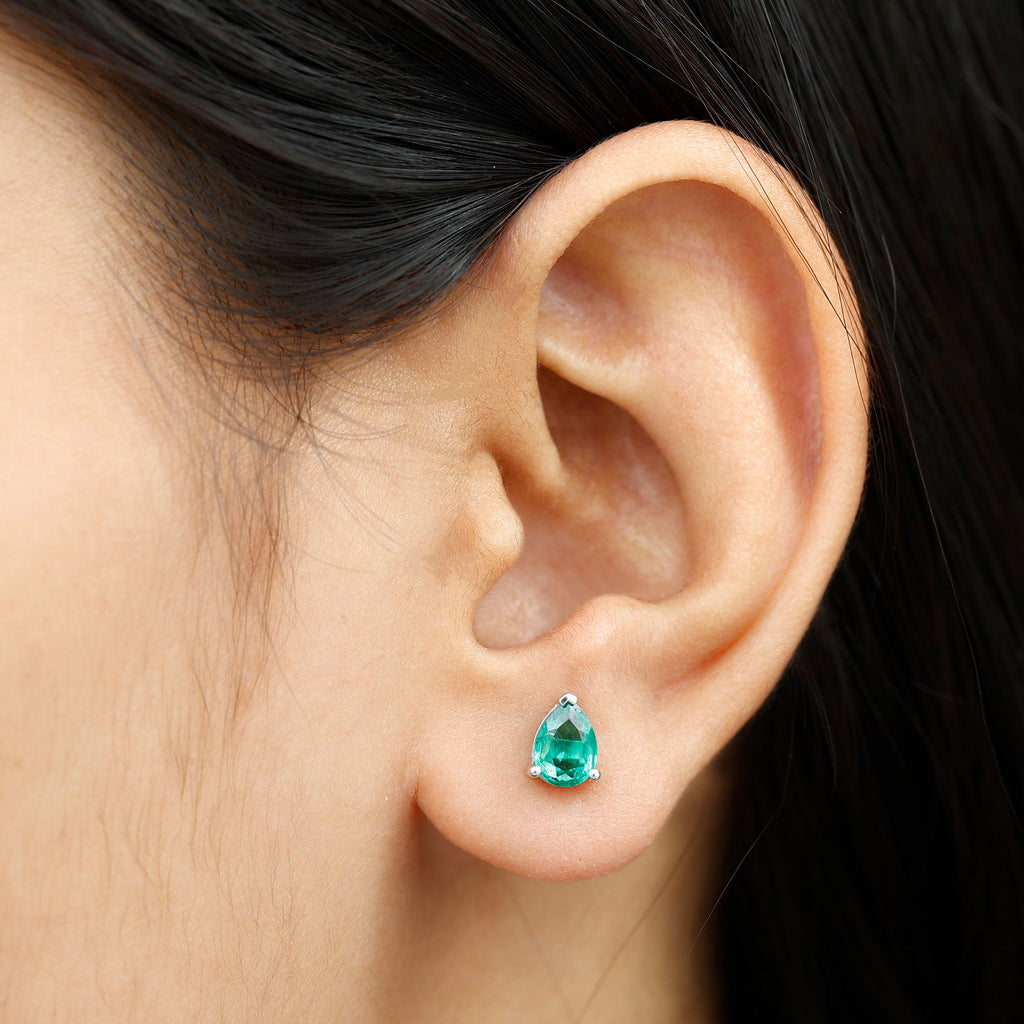 Pear Cut Lab Grown Emerald Solitaire Stud Earrings in 3 Prong Setting Lab Created Emerald - ( AAAA ) - Quality - Rosec Jewels