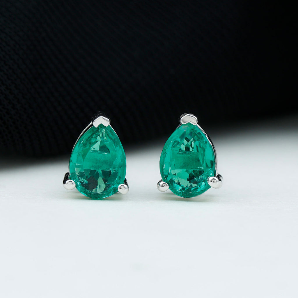 Pear Cut Lab Grown Emerald Solitaire Stud Earrings in 3 Prong Setting Lab Created Emerald - ( AAAA ) - Quality - Rosec Jewels