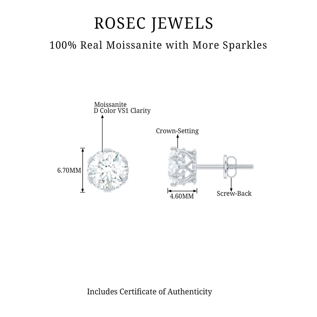 6 MM Round Shape Moissanite Solitaire Stud Earrings in Crown Setting Moissanite - ( D-VS1 ) - Color and Clarity - Rosec Jewels