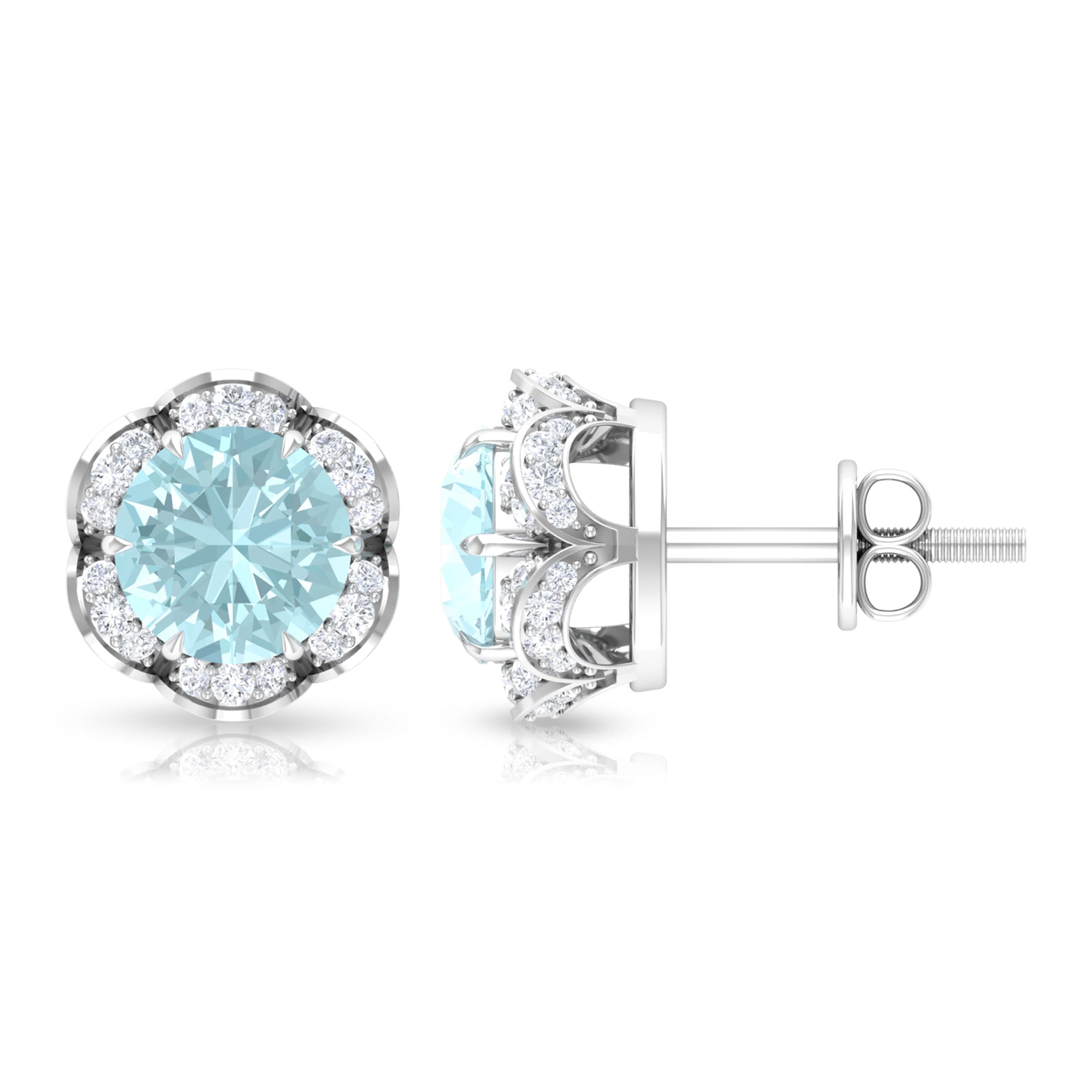 Sky Blue Topaz Flower Stud Earrings with Diamond Sky Blue Topaz - ( AAA ) - Quality - Rosec Jewels