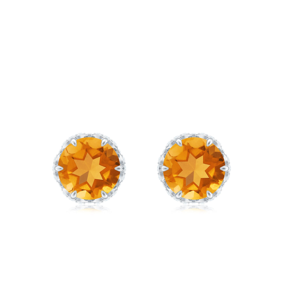 Lotus Basket Set Citrine Solitaire Stud Earrings With Diamond Accent Citrine - ( AAA ) - Quality - Rosec Jewels