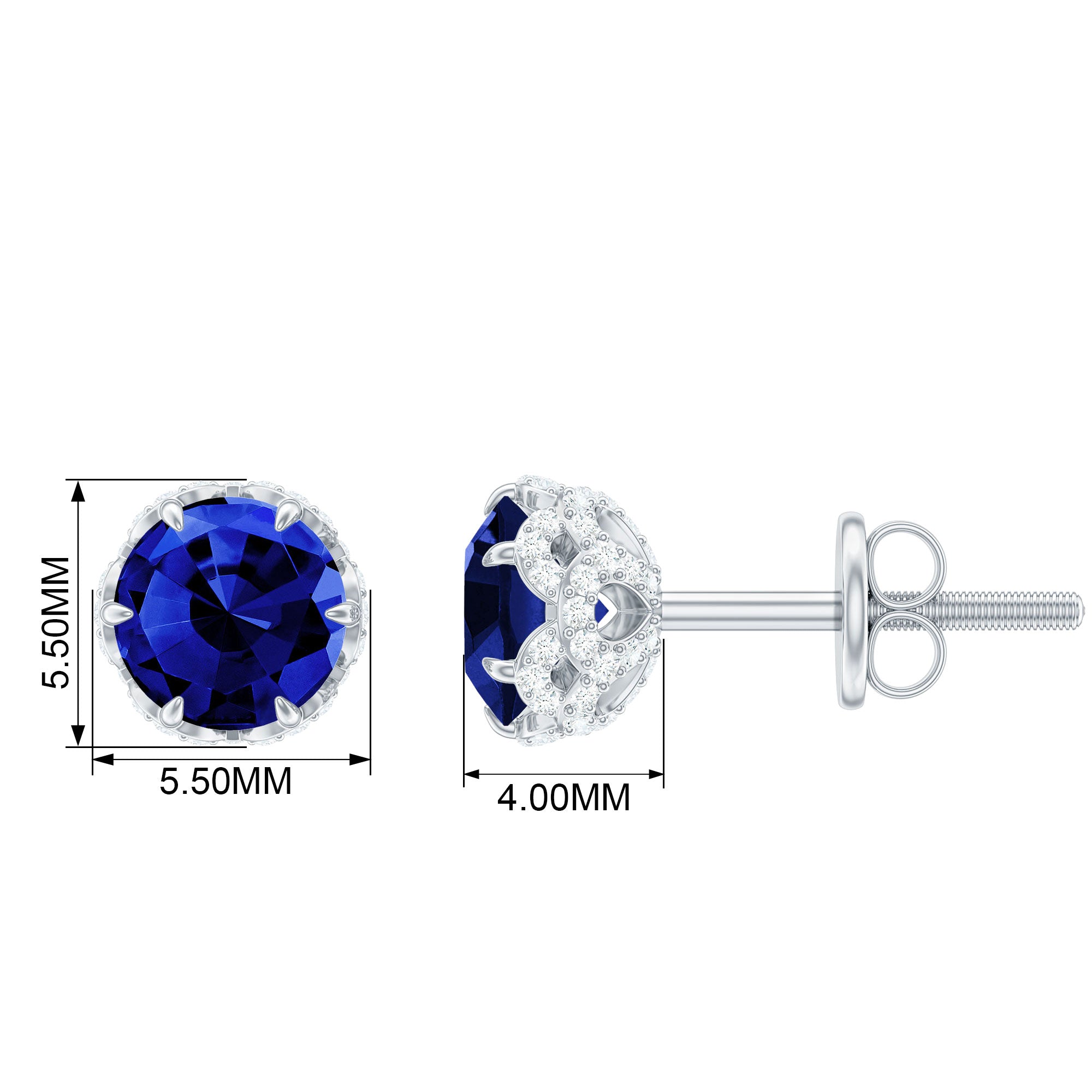 Designer Created Blue Sapphire Solitaire Stud Earrings with Diamond Accent Lab Created Blue Sapphire - ( AAAA ) - Quality - Rosec Jewels
