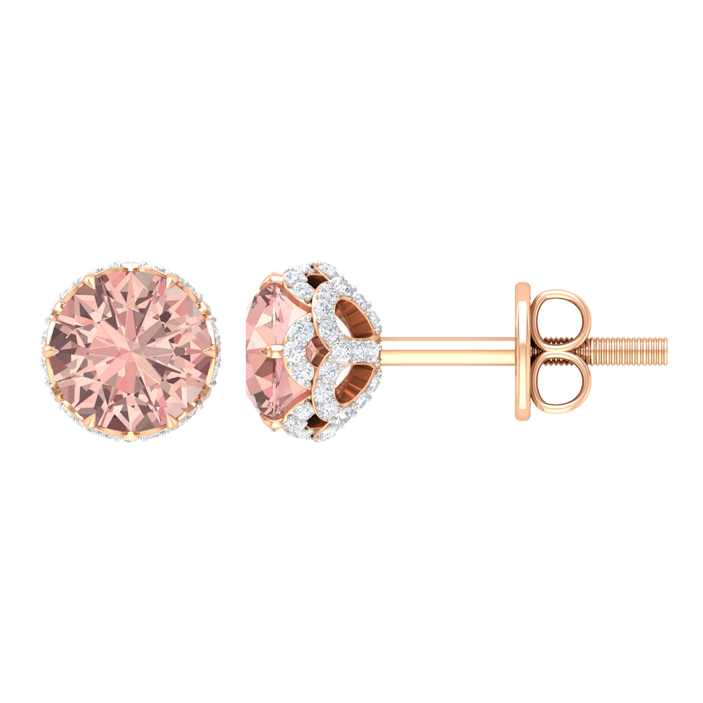 5 MM Morganite Solitaire and Diamond Floral Stud Earrings in Lotus Basket Setting Morganite - ( AAA ) - Quality - Rosec Jewels