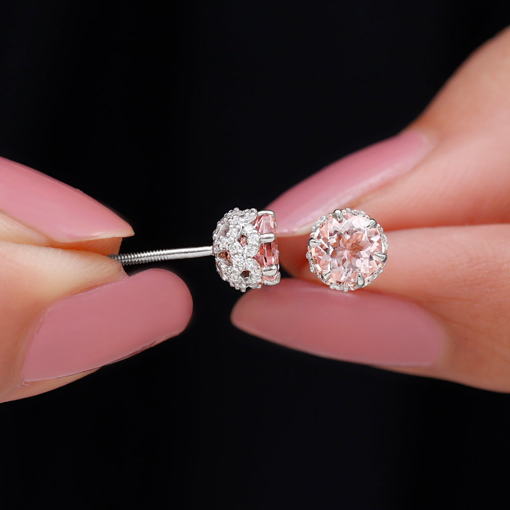 5 MM Morganite Solitaire and Diamond Floral Stud Earrings in Lotus Basket Setting Morganite - ( AAA ) - Quality - Rosec Jewels