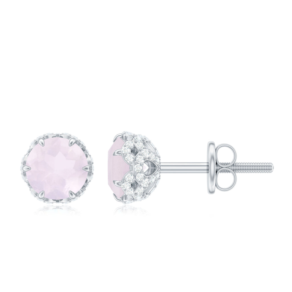 Designer Rose Quartz Solitaire Stud Earrings with Diamond Accent Rose Quartz - ( AAA ) - Quality - Rosec Jewels