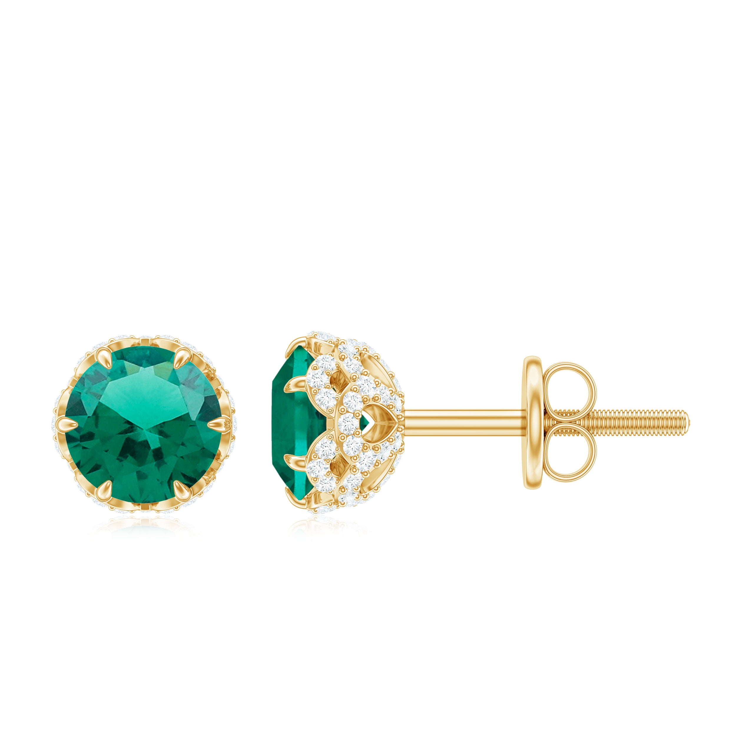 5 MM Created Emerald Solitaire and Diamond Floral Stud Earrings Lab Created Emerald - ( AAAA ) - Quality - Rosec Jewels