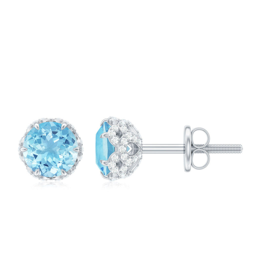 Lotus Basket Set Aquamarine Solitaire Stud Earrings with Diamond Accent Aquamarine - ( AAA ) - Quality - Rosec Jewels