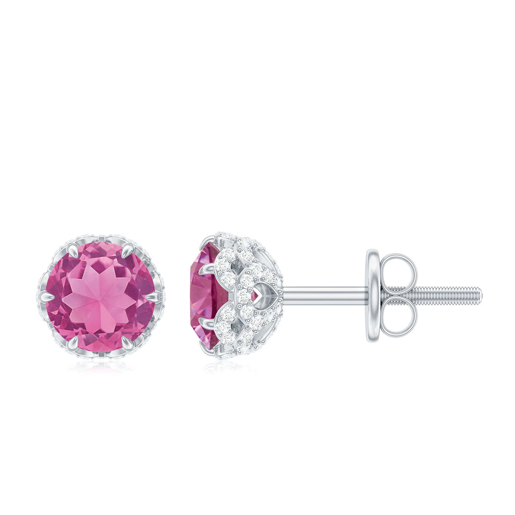 1.25 CT Claw Set Pink Tourmaline Solitaire and Diamond Stud Earrings Pink Tourmaline - ( AAA ) - Quality - Rosec Jewels