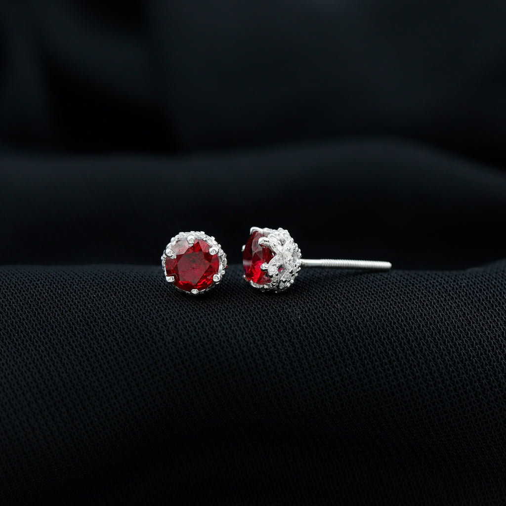 Round Shape Lab Grown Ruby Solitaire Stud Earrings with Diamond Accent Lab Created Ruby - ( AAAA ) - Quality - Rosec Jewels