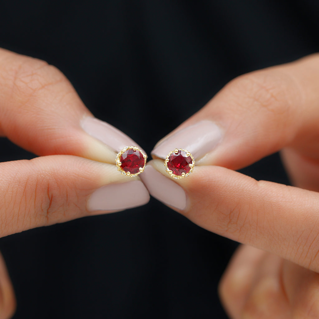 Round Shape Lab Grown Ruby Solitaire Stud Earrings with Diamond Accent Lab Created Ruby - ( AAAA ) - Quality - Rosec Jewels