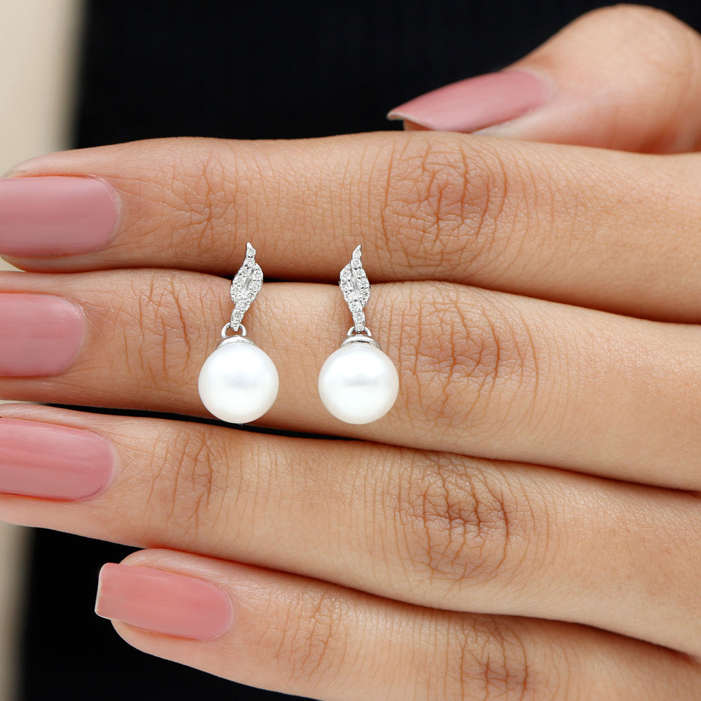 Simple Drop Earrings with Freshwater Pearl and Diamond Stones Freshwater Pearl - ( AAA ) - Quality - Rosec Jewels
