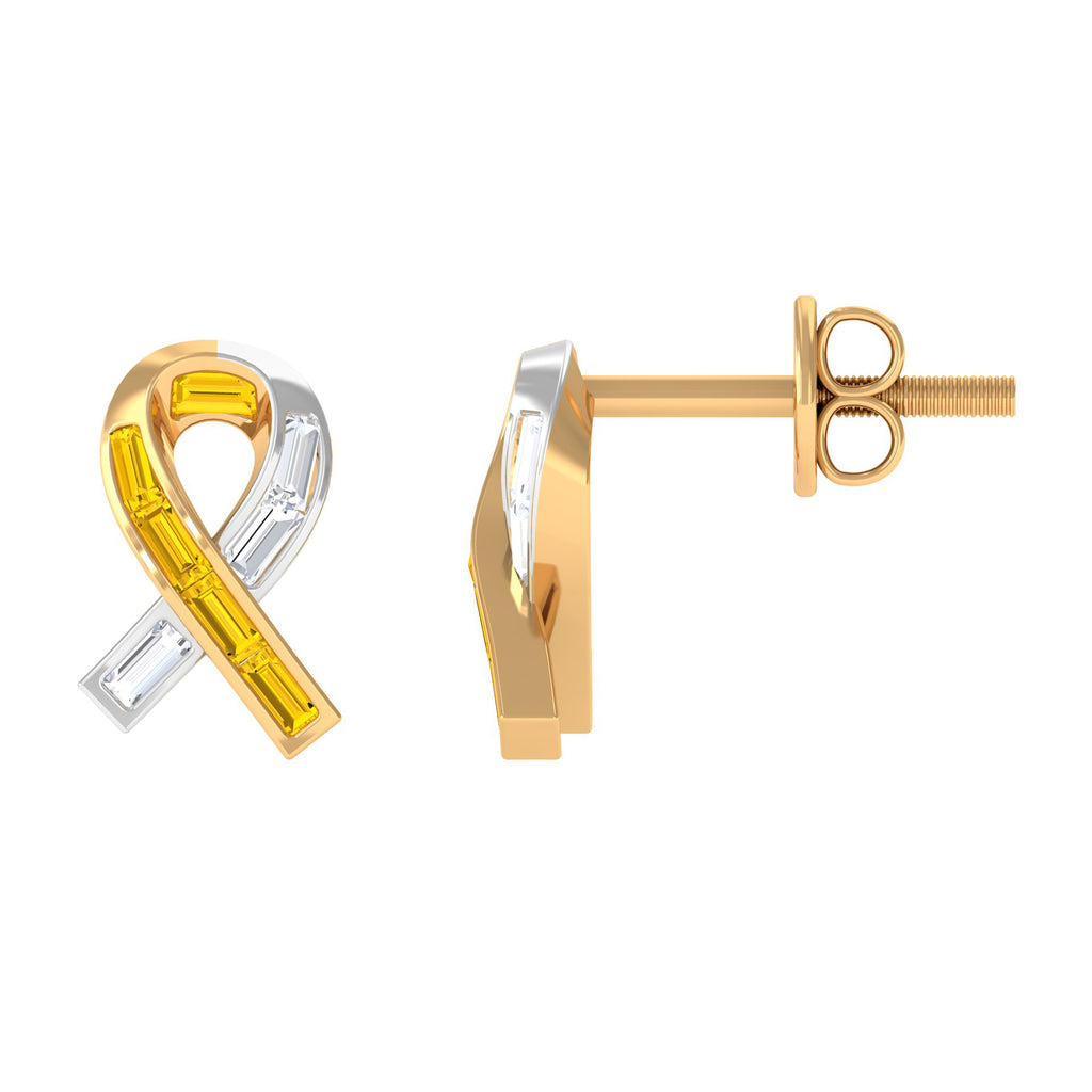 Created Yellow Sapphire and Zircon Breast Cancer Awareness Ribbon Gold Stud Earrings Zircon - ( AAAA ) - Quality - Rosec Jewels
