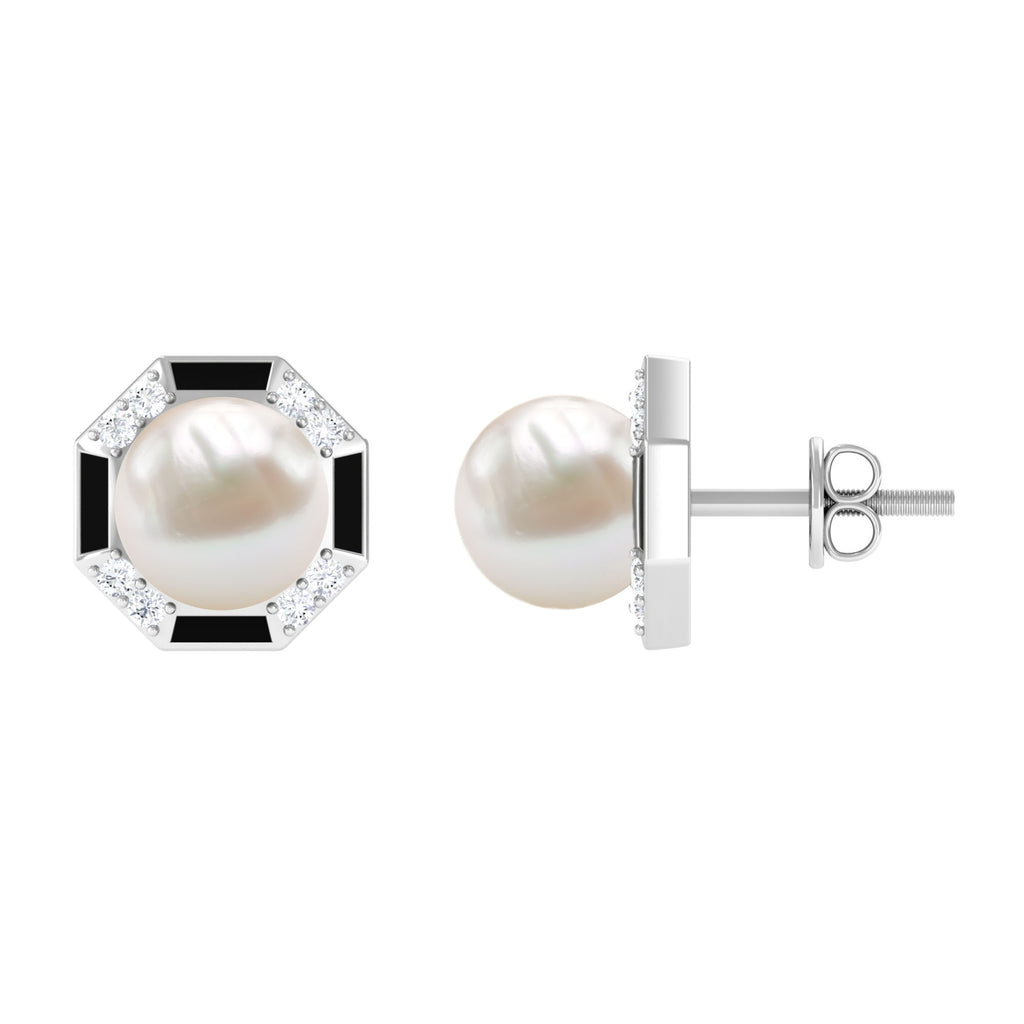 Freshwater Pearl Solitaire Octagon Shape Stud Earrings with Black Enamel Freshwater Pearl - ( AAA ) - Quality - Rosec Jewels